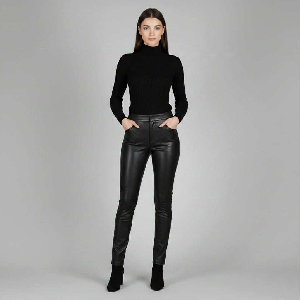 Front view of Velvista Signature slim-fit black leather trousers for women.